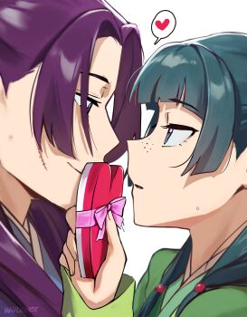  1boy 1girl absurdres box eye_contact freckles from_side green_hair heart heart-shaped_box hetero highres holding holding_box jinshi_(kusuriya_no_hitorigoto) kusuriya_no_hitorigoto long_hair looking_at_another maomao_(kusuriya_no_hitorigoto) open_mouth profile purple_hair scar scar_on_face smile spoken_heart valentine waligner 