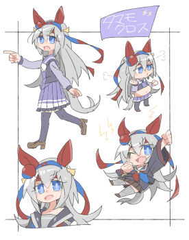 1girl :d ;d beer_hsk big_belly black_shirt blue_eyes blue_hairband brown_shoes chibi clenched_hands commentary_request fang grey_hair grey_thighhighs hair_between_eyes hairband headband highres lightning_bolt_symbol long_hair long_sleeves multiple_views one_eye_closed open_mouth pleated_skirt prototype_design purple_shirt purple_skirt purple_thighhighs red_headband ribbed_thighhighs school_uniform shirt shoes skirt smile tamamo_cross_(fast_as_lightning)_(umamusume) tamamo_cross_(umamusume) thighhighs tracen_school_uniform umamusume v-shaped_eyebrows very_long_hair walking wide_sleeves x_navel 
