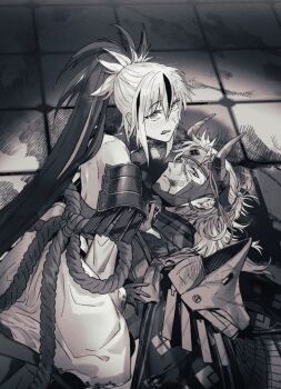  1boy 1girl armor blush commentary_request dirty dirty_face fate/grand_order fate_(series) ggamegv highres japanese_armor japanese_clothes korean_commentary licking_lips long_hair looking_at_viewer lying multicolored_hair nagao_kagetora_(fate) on_back on_floor ponytail smile straddling takeda_shingen_(fate) tongue tongue_out 