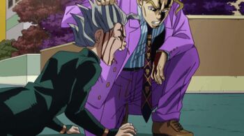  2boys animated animated_gif blonde_hair blood diamond_is_not_crash formal_clothes from_side gakuran grey_hair hirose_koichi jojo_no_kimyou_na_bouken kira_yoshikage lowres male_focus multiple_boys necktie outdoors pain school_uniform spoilers suit 