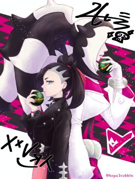  1boy 1girl age_difference aqua_eyes artist_name asymmetrical_bangs back-to-back black_choker black_hair black_jacket black_nails bracelet brother_and_sister child choker curled_fingers dress dusk_ball dynamax_band earrings expressionless eyelashes fingernails flat_chest from_side gloves gym_leader hand_up height_difference hepu2rabbits_(epuusa) highres holding holding_poke_ball jacket jewelry leather leather_jacket long_hair long_sleeves marnie_(pokemon) multicolored_hair nail_polish nintendo open_clothes open_jacket pale_skin parted_lips pendant_choker piers_(pokemon) pink_dress poke_ball pokemon pokemon_swsh ponytail profile punk siblings sideways_glance signature standing stud_earrings team_yell twintails two-tone_hair undercut very_long_hair white_gloves white_jacket 