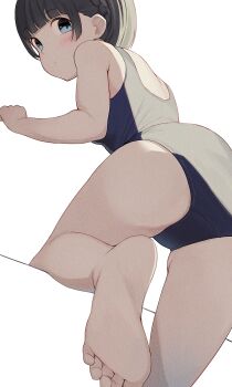  1girl ass back black_hair blue_eyes blush bob_cut breasts chestnut_mouth crotch_seam feet foreshortening hand_up highres hiroki_(yyqw7151) leg_up legs looking_at_viewer looking_back original school_swimsuit short_hair small_breasts swimsuit thighs toes white_background  rating:Sensitive score:39 user:danbooru
