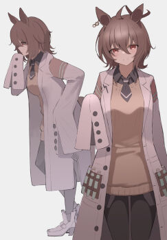  1girl agnes_tachyon_(tach-nology)_(umamusume) agnes_tachyon_(umamusume) ahoge animal_ears black_necktie black_pantyhose blush breasts brown_hair chemical_structure closed_mouth coat commentary cork earrings hair_between_eyes highres horse_ears horse_girl horse_tail jewelry lab_coat long_sleeves medium_hair necktie nsb36046_(na) pantyhose red_eyes shirt short_necktie single_earring sleeves_past_fingers sleeves_past_wrists smile sweater sweater_vest tail test_tube umamusume white_coat wolf_cut yellow_sweater yellow_sweater_vest 