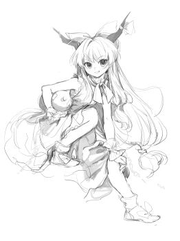  1girl 80isiiii absurdres blush chinese_commentary commentary_request gourd greyscale grin highres horn_ornament horn_ribbon horns ibuki_suika long_hair monochrome oni ribbon shirt simple_background skirt smile solo torn_clothes torn_shirt touhou white_background wrist_cuffs 