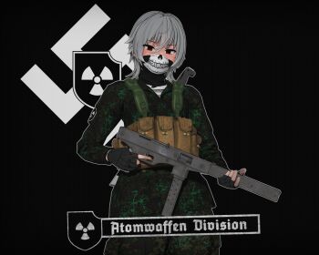  1girl ammunition atomwaffen_division black_background black_gloves camouflage camouflage_pants camouflage_shirt chest_rig fingerless_gloves gloves grey_hair gun hair_between_eyes hearts_of_iron highres holding holding_gun holding_weapon koikatsu_(medium) luty_gun machete mask military_uniform mouth_mask nazi original pants radiation_symbol random_weeb001 red_eyes shirt short_hair skull_mask solo submachine_gun suppressor swastika the_fire_rises weapon white_shirt witness_holes 