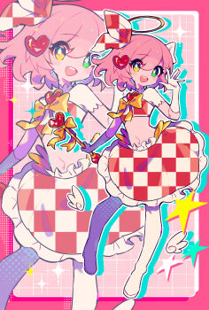  1girl :d \||/ blush boots border bright_pupils checkered_clothes checkered_ribbon checkered_skirt commentary_request commission crop_top double-parted_bangs drop_shadow frilled_skirt frills full_body gloves green_eyes hair_between_eyes hair_ribbon halo hand_up heterochromia highres honoca6190 open_mouth original outline outside_border pink_background pink_border pink_hair red_ribbon red_skirt ribbon short_hair short_sleeves skeb_commission skirt smile solo sparkle standing thigh_boots unmoving_pattern white_boots white_gloves white_outline white_pupils yellow_eyes zoom_layer 