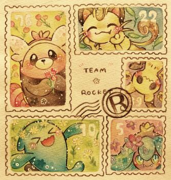  >_< :3 absurdres bewear blush closed_eyes commentary_request fang flower gen_1_pokemon gen_2_pokemon gen_7_pokemon head_wreath highres holding holding_flower mareanie meowth mimikyu nintendo no_humans open_mouth pokemon pokemon_(anime) pokemon_(creature) postage_stamp red_flower team_rocket traditional_media watercolor_pencil_(medium) wobbuffet yukichi_0611 