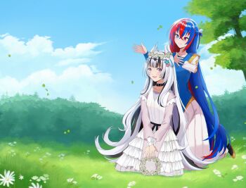  2girls :d belt black_belt black_collar black_hair blue_dress blue_eyes blue_flower blue_hair blue_sky blunt_bangs breasts cloud collar collarbone crossed_bangs day dress falling_leaves female_alear_(fire_emblem) female_alear_(sister_dragons)_(fire_emblem) fire_emblem fire_emblem_engage fire_emblem_heroes flipped_hair flower frilled_dress frills full_body grass hair_between_eyes hair_flower hair_ornament half-siblings hands_up head_wreath heterochromia highres hime_cut kneeling layered_dress leaf lilshironeko long_hair long_sleeves looking_at_another multicolored_hair multiple_girls nintendo official_alternate_costume on_ground open_mouth outdoors pink_flower pleated_dress purple_eyes raised_inner_eyebrows red_eyes red_hair siblings sisters sky small_breasts smile split-color_hair streaked_hair tree tulip twitter_username two-tone_hair very_long_hair veyle_(fire_emblem) veyle_(sister_dragons)_(fire_emblem) white_dress white_flower white_hair white_tulip wing_hair_ornament 