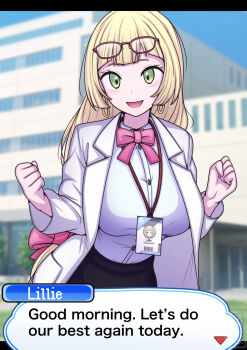  1girl :d aged_up black_skirt blonde_hair blurry blurry_background bow bowtie building character_name clenched_hands coat commentary_request commission day dialogue_box earrings english_text eyelashes eyewear_on_head glasses green_eyes hakusai_(user_nkkd7242) hands_up happy highres jewelry lanyard lillie_(pokemon) long_hair nintendo open_clothes open_coat open_mouth outdoors pokemon pokemon_sm shirt skeb_commission skirt smile solo white_coat 
