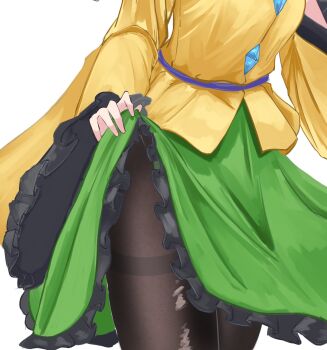  1girl black_pantyhose clothes_lift commentary frilled_skirt frilled_sleeves frills green_skirt head_out_of_frame highres komeiji_koishi pantyhose pico_kimuchi shirt simple_background skirt skirt_lift solo thigh_focus thigh_peek thighband_pantyhose touhou unfinished white_background wide_sleeves yellow_shirt 
