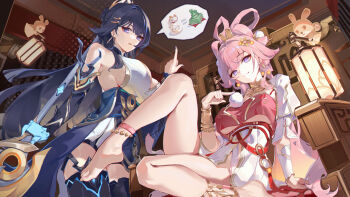  2girls asc11 barefoot breasts chinese_clothes chinese_commentary commentary_request diamond-shaped_pupils diamond_(shape) dress elysia_(hi_love_elf)_(honkai_impact) elysia_(honkai_impact) elysia_(lunar_grace)_(honkai_impact) feixianji_(hairstyle) gauntlets hair_rings highres holding holding_polearm holding_weapon honkai_(series) honkai_impact_3rd indoors japanese_clothes kimono lantern large_breasts long_hair looking_at_viewer multiple_girls paper_lantern pink_dress pink_hair polearm purple_eyes purple_hair purple_kimono rabbit raiden_mei raiden_mei_(xentinel:_dawnbearing_crescent) revision rice_cake_(honkai_impact) sky_lantern smile symbol-shaped_pupils toes very_long_hair weapon white_dress 
