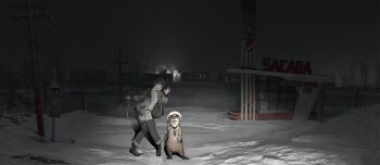  1girl black_hair boots chise_huixing_denixi coat commentary_request full_body highres long_sleeves looking_at_viewer night open_clothes open_coat open_hand open_mouth original otter outdoors pants power_lines russia russian_text short_hair sign smile snow standing translation_request utility_pole waving wide_shot winter  rating:General score:8 user:danbooru