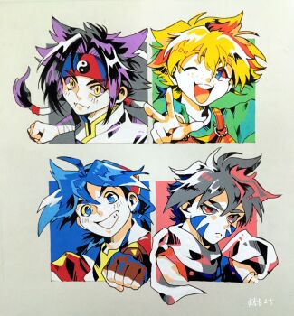 4boys :d bakuten_shoot_beyblade bandaged_arm bandages bare_shoulders beyblade blonde_hair blue_eyes blush brown_overalls chinese_clothes clenched_hand column_lineup commentary_request curtained_hair facial_mark fangs fingerless_gloves freckles frown gloves gold_trim green_shirt grey_background grey_hair grid_lineup grin hair_between_eyes hair_tubes hat headband highres hiwatari_kai incoming_fist_bump jacket kinomiya_takao kon_rei looking_at_viewer low_twintails mandarin_collar mizuhara_max multicolored_hair multiple_boys one_eye_closed open_clothes open_jacket open_mouth outstretched_arm overalls parted_bangs portrait purple_hair purple_shirt reaching reaching_towards_viewer red_eyes red_headband red_jacket round_teeth ruchi_(nxje5533) sanpaku scarf shirt sidelocks signature skin_fangs slit_pupils smile spiked_hair teeth thick_eyebrows twintails two-tone_hair upper_teeth_only w white_scarf yellow_eyes yellow_shirt yin_yang 