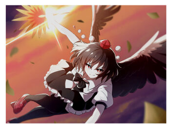  1girl bird_wings black_bow black_bowtie black_hair black_pantyhose black_wings bow bowtie closed_mouth collared_shirt commentary_request falling_leaves frilled_skirt frills full_body geta hat hauchiwa highres holding leaf looking_at_viewer medium_hair pantyhose pointy_ears pom_pom_(clothes) puffy_short_sleeves puffy_sleeves red_eyes red_hat red_shoes shameimaru_aya shirt shoes short_sleeves skirt smile solo tengu-geta tenx2_1341 tokin_hat touhou white_shirt wings 