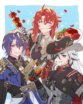  3boys argenti_(honkai:_star_rail) armor black_gloves black_hair black_hat black_shirt blue_background blue_robe boothill_(honkai:_star_rail) border bottle bullet_earrings cleavage_cutout closed_eyes clothing_cutout commentary cowboy_hat cropped_jacket cyborg dr._ratio_(honkai:_star_rail) earrings english_commentary flower food gauntlets gloves grin happy hat highres holding holding_bottle holding_food holding_plate holding_tongs honkai:_star_rail honkai_(series) jewelry long_hair looking_at_viewer male_focus multicolored_hair multiple_boys outline plate purple_hair red_eyes red_flower red_hair red_rose robe rose salt_shaker sharp_teeth sheriff_badge shirt shish_kebab short_hair simple_background single_off_shoulder smile sparkle teeth tongs two-tone_hair two-tone_robe white_border white_hair white_robe yurugi_(yurugi_h) zipper 