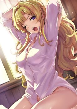 1girl ;o arms_behind_head bed bedroom blonde_hair blouse blue_eyes bottomless breasts female_focus granblue_fantasy hair_over_shoulder half-closed_eyes indoors kztk large_breasts long_hair looking_at_viewer messy_hair no_panties one_eye_closed shirt sitting solo stretching sunlight tears waking_up white_shirt window wooden_wall yawning zeta_(granblue_fantasy) rating:Sensitive score:36 user:danbooru