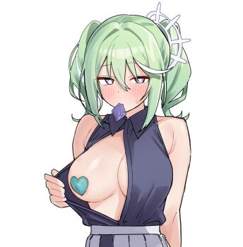  1girl absurdres arm_at_side armpit_crease blush breasts bright_pupils choppy_bangs closed_mouth clothes_pull collared_shirt commentary condom condom_in_mouth dot_nose green_hair grey_shirt hair_between_eyes hand_up heart_pasties highres korean_commentary large_breasts long_bangs looking_at_viewer maksagwa medium_hair mouth_hold multicolored_hair no_bra one_breast_out open_clothes open_shirt pasties pulling_own_clothes purple_eyes shirt shirt_pull shirt_tucked_in simple_background sleeveless sleeveless_shirt small_sweatdrop solo stellive streaked_hair upper_body virtual_youtuber white_background white_pupils wing_collar yuzuha_riko 