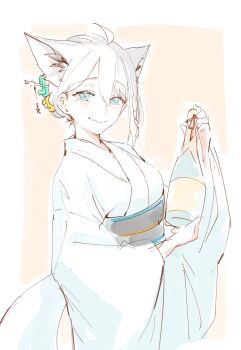  1girl 1st_generation_(hololive) :> absurdres ahoge alcohol animal_ear_fluff animal_ears aqua_eyes aqua_flower aqua_pupils blush bottle braid commentary_request cowboy_shot double-parted_bangs flower fox fox_ears fox_girl fox_tail hair_between_eyes hair_bun hair_flower hair_ornament hair_stick highres holding holding_bottle hololive hyde_(tabakko) japanese_clothes kimono looking_at_viewer mole obi orange_background pentagram raised_inner_eyebrows sash shirakami_fubuki side_braid sidelocks simple_background single_braid single_sidelock smile solo tail virtual_youtuber white_hair white_tail yellow_flower yukata 