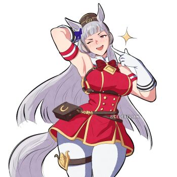  animal_ears armband armpits belt_pouch blunt_bangs bow bowtie breasts brown_hat celebelian cowboy_shot dress ear_bow ear_covers ear_ornament ear_ribbon gloves gold_ship_(red_strife)_(umamusume) gold_ship_(umamusume) hat highres horse_ears horse_girl horse_tail horseshoe_ornament large_breasts long_hair o-ring one_eye_closed open_mouth pants pillbox_hat pink_eyes pointing pointing_at_self pouch purple_bow red_bow red_bowtie red_dress signature smile sparkle tail umamusume white_gloves white_pants  rating:General score:30 user:danbooru