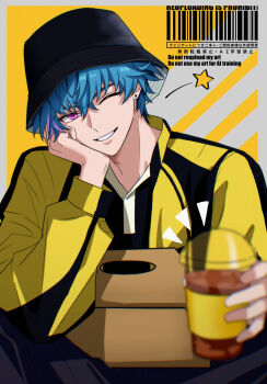  1boy black_pants black_shirt blue_hair blurry blurry_foreground brant_(wuthering_waves) bucket_hat commentary cup disposable_cup english_commentary hair_between_eyes hat head_rest highres holding holding_cup jacket looking_at_viewer male_focus multicolored_hair official_alternate_costume one_eye_closed pants parted_lips pink_eyes sae_naiyatsu shirt short_hair sitting smile solo star_(symbol) streaked_hair watermark wuthering_waves yellow_jacket 