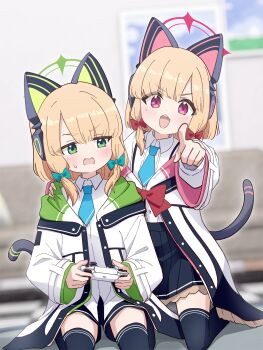  2girls animal_ear_headphones animal_ears black_skirt black_thighhighs blonde_hair blue_archive blue_bow blue_necktie blurry blurry_background bow cat_ear_headphones cat_ears cat_tail commentary_request fake_animal_ears green_eyes hair_bow hand_on_another's_shoulder headphones highres indoors jacket kneeling kyousuke_(orcein) looking_at_viewer midori_(blue_archive) momoi_(blue_archive) multiple_girls necktie open_mouth pink_eyes red_bow short_hair shorts siblings sisters sitting skirt tail thighhighs thighs twins wariza white_jacket white_shorts zettai_ryouiki 