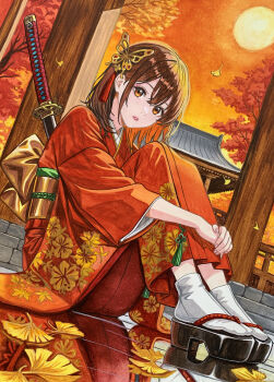  1girl absurdres autumn_leaves blueberry_(zzcp5742) brown_hair butterfly_hair_ornament colored_inner_hair colorful commentary_request day double-parted_bangs dutch_angle falling_leaves floral_print floral_print_kimono full_body ginkgo_leaf hair_ornament highres hugging_own_legs japanese_clothes katana kimono knees_up leaf long_sleeves looking_at_viewer marker_(medium) medium_hair multicolored_hair okobo orange_eyes orange_sky original outdoors parted_lips platform_sandals print_kimono red_kimono red_lips reflection sandals scenery sheath sheathed sitting sky solo sun sword tabi tassel tassel_hair_ornament traditional_media tree warm_colored weapon 