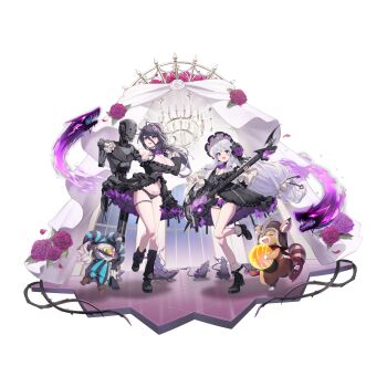  2girls ahoge ascot ball ballroom bandaged_head bandages bare_legs black_boots black_bow black_collar black_dress black_hair black_hairband black_leg_warmers black_panties blue_eyes blush boots bow breasts brown_boots cameltoe chandelier cleavage cleavage_cutout closed_eyes clothing_cutout clown_makeup clown_nose collar crinoline detached_sleeves dress electric_guitar fangs flower frilled_collar frilled_dress frilled_hairband frilled_sleeves frilled_socks frills full_body gloves gothic_lolita guitar hair_between_eyes hairband hat heart hela_(last_origin) helm helmet high-low_dress high_heel_boots high_heels highres holding holding_ball holding_guitar holding_instrument huge_breasts instrument jester jester_cap knife_in_mouth lace lace-trimmed_panties lace_thigh_strap lace_trim last_origin leg_up leg_warmers lolita_fashion long_hair looking_at_viewer mel_(dodosae) messy_hair microskirt mouse_(animal) multiple_girls non-web_source official_alternate_costume official_art open_mouth panties ponytail pubic_tattoo purple_ascot purple_eyes purple_flower purple_rose purple_skirt raccoon red_flower red_rose red_scarf robot rose scarf sidelocks skirt small_breasts smile socks soulworker standing standing_on_one_leg stella_unibell tachi-e tattoo thorns transparent_background underbust underwear very_long_hair white_gloves white_hair white_socks window 