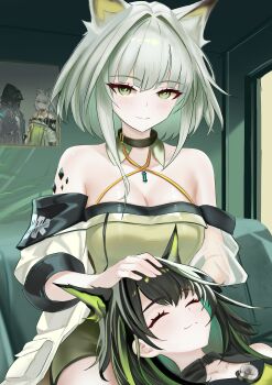  2girls absurdres animal_ear_fluff animal_ears arknights bare_shoulders black_hair blush breasts cat_ears cleavage closed_eyes closed_mouth commentary_request doctor_(arknights) dress extra_ears green_dress green_eyes green_hair head_rest headpat highres indoors kal'tsit_(arknights) long_hair long_sleeves looking_at_viewer material_growth mon3tr_(arknights) multicolored_hair multiple_girls off_shoulder oripathy_lesion_(arknights) painting_(object) smile sui_wo_qing_shan_qu 