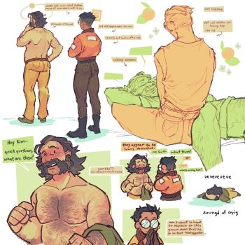  2boys belt black_hair blazer bomber_jacket chest_hair commentary disco_elysium english_commentary english_text gender_transitioning harry_du_bois highres jacket kim_kitsuragi leaning_on_person male_focus multiple_boys on_ground orange_jacket scar scar_on_chest standing time_woods toned toned_male topless_male unworn_blazer 