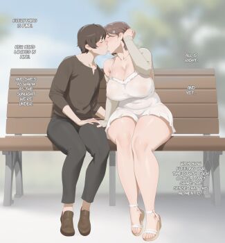  1boy 1girl bench black_pants blurry blurry_background breasts brown_hair brown_shirt brown_shoes closed_eyes depth_of_field dress english_text hetero highres kiss large_breasts original pants park_bench sandals shirt shoes short_hair sitting soraoraora white_dress  rating:Sensitive score:10 user:danbooru