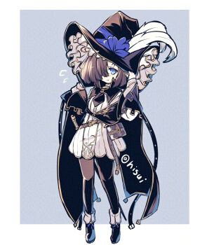  1girl asymmetrical_legwear belt belt_pouch black_cape black_hat black_shoes black_thighhighs blue_eyes book brown_hair cape commentary_request dress flat_chest flying full_body hair_over_one_eye hat hat_feather hisui_(syarute) large_hat looking_at_viewer open_mouth original pouch shoes short_hair shy solo thighhighs white_dress witch witch_hat 