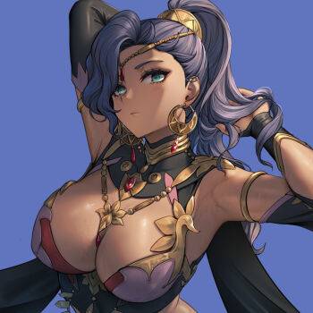  1girl amiba_(nerdamiba) aqua_eyes armlet armpits asymmetrical_bangs between_breasts blue_background breasts chinese_commentary cleavage closed_mouth commentary_request dark-skinned_female dark_skin earrings fire_emblem fire_emblem:_fortune's_weave forehead_jewel high_ponytail jewelry large_breasts leda_(fire_emblem) looking_at_viewer nintendo ponytail purple_hair solo sweat tying_hair upper_body  rating:Explicit score:18 user:danbooru