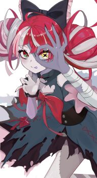 1girl :p absurdres ahoge bandaged_arm bandages bare_shoulders black_bow black_dress black_nails blunt_ends blush bow chest_bow claw_pose colored_skin colored_tongue commentary diamond-shaped_pupils diamond_(shape) double_bun dress dress_bow fangs fingernails gradient_eyes green_eyes grey_hair grey_skin hair_bow hair_bun heterochromia highres hololive hololive_indonesia kureiji_ollie kureiji_ollie_(1st_costume) layered_dress leaning_forward long_fingernails long_hair looking_at_viewer mismatched_pupils multicolored_eyes multicolored_hair multicolored_skin ok_sign ok_sign_over_eye patchwork_skin pink_hair puffy_short_sleeves puffy_sleeves purple_tongue red_eyes red_hair sharp_fingernails short_sleeves simple_background solo stitched_arm stitched_face stitched_leg stitched_torso stitches symbol-shaped_pupils tongue tongue_out torn_clothes torn_dress tumugi_sunohara two-tone_skin underbust virtual_youtuber white_background white_skin x-shaped_pupils yellow_eyes zombie 