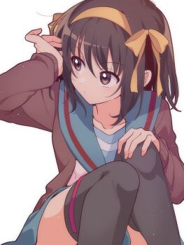  1girl blue_sailor_collar blue_skirt brown_cardigan brown_eyes brown_hair cardigan closed_mouth commentary_request hair_ribbon hairband highres kita_high_school_uniform knees_up long_sleeves medium_hair open_cardigan open_clothes pleated_skirt ribbon sailor_collar school_uniform serafuku shirt sitting skirt solo suzumiya_haruhi suzumiya_haruhi_no_yuuutsu taiki_(6240taiki) thighs white_shirt winter_uniform yellow_hairband yellow_ribbon 