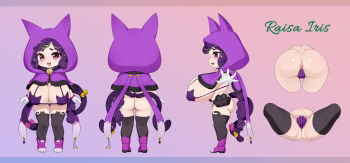  1girl :d a-pose absurdres ahoge anal_only_maebari animal_bag animal_ears anus arm_up arms_at_sides ass backboob bag bell bikini bikini_top_only black_handbag black_thighhighs bob_cut boots bottomless bow braid braided_ponytail breasts cape cat-shaped_bag cat_bag cat_ears cat_girl cat_tail cat_thighhighs character_name character_profile cloak covered_erect_nipples curly_hair ears english_text eyelashes fang food-themed_hair_ornament from_behind from_side fruit_hair_ornament full_body furgonomic_headwear gloves gluteal_fold gradient_background green_eyes green_hair green_pupils groin hair_ornament hairband hairpin handbag heart heart_hair_ornament highres hikimayu hood hood_up huge_breasts large_areolae large_nipples loli long_hair looking_at_viewer maebari mage maroon_eyes multicolored_eyes multicolored_hair multiple_views navel nekomata open_mouth oppai_loli original outstretched_arm parted_bangs partially_visible_vulva pigeon-toed pink_background pink_boots pink_maebari purple_background purple_bikini purple_cape purple_cloak purple_hair purple_maebari pussy_shield red_pupils reference_sheet revealing_clothes shiny_skin simple_background single_braid skin_fang slit_pupils smile spread_legs standing star_(symbol) star_hair_ornament sticker_on_hair striped_maebari sweat swimsuit tail tail_bell tail_bow tail_ornament thick_eyebrows thigh_gap thighhighs two-tone_eyes two-tone_hair uncensored wavy_hair white_gloves wide_hips yuu_(yuubakunyu) yuuchibichichi 