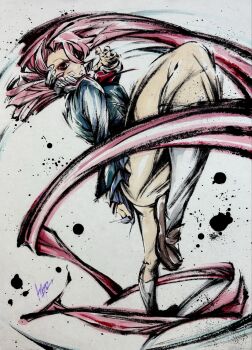  1girl @o_ro_ro_n24 acrobatic_silky_(dandadan) black_nails blue_jacket blue_sky bow bowtie breasts brown_shoes dandadan fighting_stance furrowed_brow hair_between_eyes highres ink_wash_painting jacket loafers long_hair medium_breasts nail_polish parted_lips pink_hair pleated_skirt red_bow red_bowtie school_uniform shiratori_aira_(dandadan) shoes skirt sky socks solo sumi-e teeth very_long_hair white_socks 