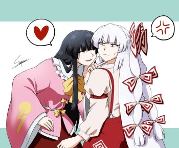  2girls anger_vein black_hair bow bowtie closed_mouth collared_shirt commentary_request frilled_shirt_collar frills fujiwara_no_mokou grey_hair hair_bow heart highres houraisan_kaguya long_hair long_sleeves multiple_girls multiple_hair_bows ofuda ofuda_on_clothes open_mouth pants pink_shirt red_eyes red_pants shirt signature smile sniper16783072 spoken_anger_vein spoken_heart suspenders sweatdrop touhou very_long_hair white_shirt wide_sleeves yellow_bow yellow_bowtie yuri 