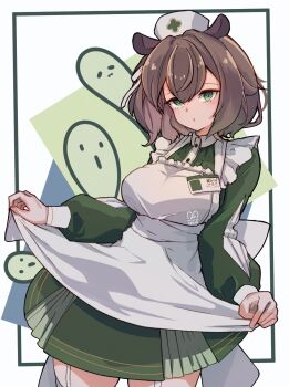  1girl animal_ears apron apron_lift brown_hair clothes_lift dress elun_(elun_00) green_dress green_eyes hat highres indie_virtual_youtuber looking_at_viewer maid maid_apron naplings_(nimi_nightmare) nimi_nightmare nimi_nightmare_(1st_costume) nurse_cap open_mouth solo tapir_ears tapir_girl virtual_youtuber white_hat 