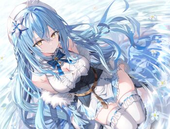  1girl blue_hair breasts cleavage closed_mouth commentary dress frilled_thighhighs frills hat highres hololive large_breasts long_hair looking_at_viewer outdoors rin_yuu seiza sitting solo symbol-only_commentary thighhighs virtual_youtuber white_hat white_thighhighs yellow_eyes yukihana_lamy 