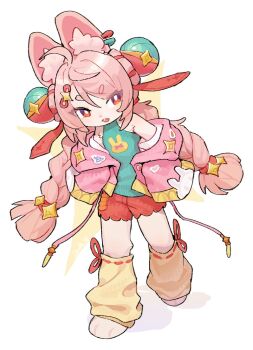  1girl ahoge alternate_costume animal_ear_fluff animal_ear_piercing animal_ears animal_feet animal_print bare_shoulders barefoot braid braided_twintails bright_pupils commentary english_commentary furry furry_female green_shirt highres jacket la-ndy leaning_to_the_side leg_warmers long_hair looking_to_the_side off_shoulder open_clothes open_mouth pink_fur pink_hair pink_jacket rabbit_ears rabbit_girl rabbit_print red_eyes red_shorts shadow shirt short_eyebrows shorts simple_background solo sparkle_print thick_eyebrows white_background white_pupils yellow_leg_warmers zenless_zone_zero zhao_(zenless_zone_zero) 