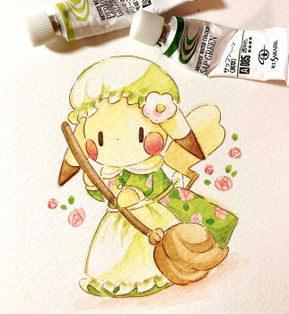  alternate_costume apron art_tools_in_frame clothed_pokemon commentary_request dress enmaided gen_1_pokemon green_dress green_hat hat highres looking_at_viewer maid nintendo no_humans no_mouth painting_(medium) photo_(medium) pikachu pokemon pokemon_(creature) solid_oval_eyes solo sweeping traditional_media watercolor_(medium) white_apron yukichi_0611 