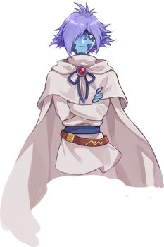 1boy artist_request belt blue_eyes blue_ribbon blue_skin brooch brown_belt cape capelet colored_skin crossed_arms facing_viewer frown gem gunbuster_pose hair_over_one_eye hood hood_down hooded_capelet jewelry long_sleeves looking_at_viewer loose_belt male_focus nexon official_art one_eye_covered pointy_ears purple_hair red_gem ribbon second-party_source short_hair simple_background slayers solo split_mouth tales_weaver transparent_background tunic turtleneck turtleneck_tunic white_cape white_capelet white_hood white_sleeves white_tunic zelgadiss_graywords