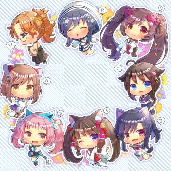  6+girls :d ;) ^_^ abyss_horizon ahoge anchor animal_ears azur_lane bell black_footwear black_gloves black_hair black_jacket black_sailor_collar black_skirt black_socks blue_eyes blue_neckerchief blue_oath boots braid breasts brown_eyes brown_flower brown_footwear brown_hair brown_kimono chain character_request check_character check_copyright cleavage closed_eyes commentary_request commission copyright_request crop_top crossover diagonal_stripes dice_hair_ornament fang fingerless_gloves floral_background flower gloves guardian_project hair_bell hair_flaps hair_flower hair_ornament headgear highres hood hood_up hooded_jacket jacket japanese_clothes jingle_bell kantai_collection kimono kneehighs kou_hiyoyo long_sleeves medium_breasts multiple_crossover multiple_girls name_connection neck_bell neckerchief off_shoulder one_eye_closed open_clothes open_jacket open_mouth parted_bangs parted_lips pink_hair pixiv_commission pleated_skirt ponytail puffy_long_sleeves puffy_short_sleeves puffy_sleeves purple_eyes purple_skirt red_eyes red_flower red_skirt sailor_collar sandals shigure_(abyss_horizon) shigure_(azur_lane) shigure_(blue_oath) shigure_(guardian_project) shigure_(kancolle) shigure_(velvet_code) shigure_(victory_belles) shigure_(warship_girls_r) shirt shoes short_sleeves single_braid skirt sleeveless sleeveless_shirt sleeves_past_wrists smile socks spoken_letter striped_background tail thighhighs twintails velvet_code victory_belles warship_girls_r white_flower white_jacket white_kimono white_shirt white_skirt white_sleeves white_thighhighs wide_sleeves wolf_ears wolf_girl wolf_tail zouri 