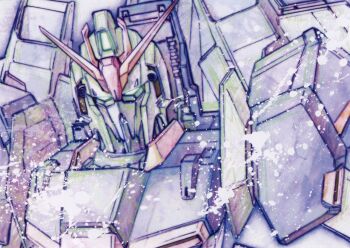  1990s_(style) aeug glowing glowing_eyes green_eyes gundam highres katoki_hajime looking_at_viewer mecha mecha_focus mobile_suit no_humans portrait retro_artstyle robot scan science_fiction traditional_media upper_body v-fin zeta_gundam zeta_gundam_(mobile_suit) 