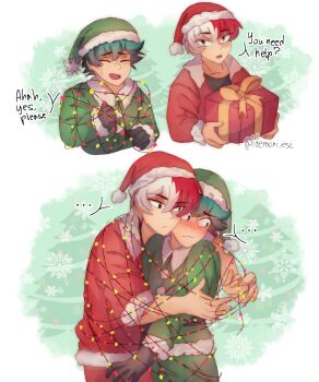 2boys blush boku_no_hero_academia bones_(company) christmas freckles gift idemoni_esc messy_hair midoriya_izuku multicolored_hair multiple_boys santa_costume scar shounen_jump tied_up_(nonsexual) tododeku todoroki_shoto trapped two-tone_hair