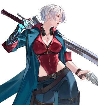  1girl belt black_belt blue_eyes blue_jacket blue_pants blue_rose_(gun) bracelet breasts cleavage collarbone collared_leotard commentary covered_navel cowboy_shot demon_girl devil_bringer devil_may_cry devil_may_cry_(series) devil_may_cry_4 english_commentary eyelashes eyeshadow finger_on_trigger genderswap genderswap_(mtf) gun handgun headphones headphones_around_neck henoopd highres holding holding_gun holding_sword holding_weapon jacket jewelry large_breasts leotard lips makeup necklace nero_(devil_may_cry) nose over_shoulder pants parted_lips partially_unzipped profile red_leotard red_queen_(sword) revolver short_hair simple_background solo sword sword_over_shoulder weapon weapon_over_shoulder white_background white_hair zipper_pull_tab 