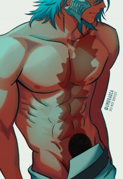  1boy abs bleach blue_hair broken_mask commentary english_commentary facial_scar grimmjow_jaegerjaquez head_out_of_frame highres hole_in_stomach male_focus mask medium_hair pectorals scar scar_on_cheek scar_on_face scar_on_stomach solo toned toned_male topless_male twitter_username umbra_(edits_umbra) watermark 