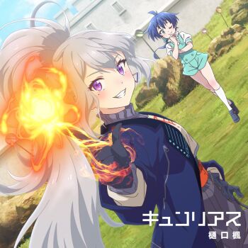  1boy 1girl ;) black_gloves blue_eyes blue_hair blue_jacket blush cd_(source) crossover earrings fire gloves green_overalls grey_hair grey_pants hair_between_eyes highres higuchi_kaede higuchi_kaede_(10th_costume) jacket jewelry lloyd_de_saloum long_hair long_sleeves looking_at_viewer mole mole_under_eye nijisanji official_art one_eye_closed open_clothes open_jacket overalls pants ponytail puffy_short_sleeves puffy_sleeves purple_eyes shirt short_sleeves shorts smile tensei_shitara_dai_nana_oji_datta_no_de:_kimama_ni_majutsu_o_kiwamemasu virtual_youtuber white_shirt 