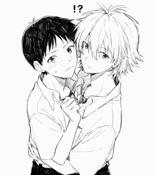 !? 2boys blush closed_mouth commentary greyscale hair_between_eyes heads_together hug ikari_shinji looking_at_viewer m3gris3 male_focus monochrome multiple_boys nagisa_kaworu neon_genesis_evangelion school_uniform short_hair simple_background symbol-only_commentary very_short_hair white_background yaoi 