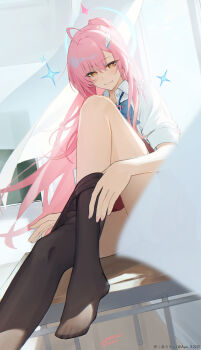  1girl absurdres aemeath_(wuthering_waves) alternate_costume auui black_pantyhose blue_bow blue_bowtie bow bowtie closed_mouth clothes_pull collared_shirt commentary_request desk floating_hair hair_ornament highres indoors long_hair looking_at_viewer on_desk pantyhose pantyhose_pull pink_hair ponytail school_desk school_uniform shirt sitting sleeves_rolled_up smile sparkle white_shirt wuthering_waves yellow_eyes 